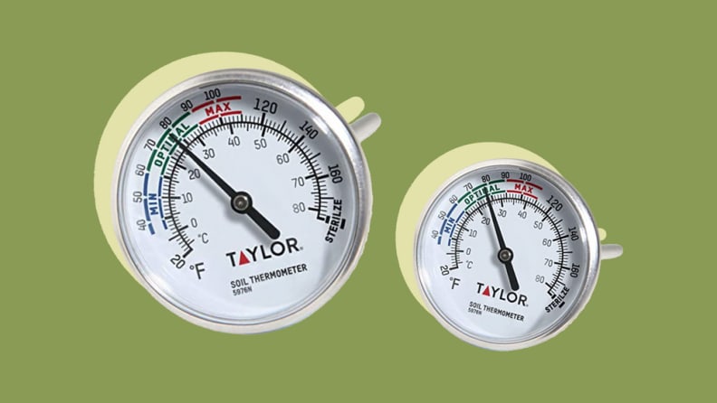 Two Taylor soil thermometers, one large and one small.