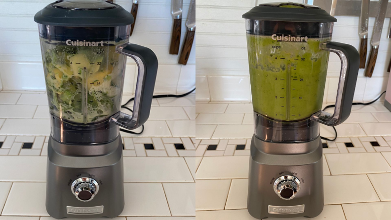 On left, fruits and vegetables inside of the Cuisinart Hurricane Compact Juicing Blender. On right, green blended smoothie inside of blender pitcher.
