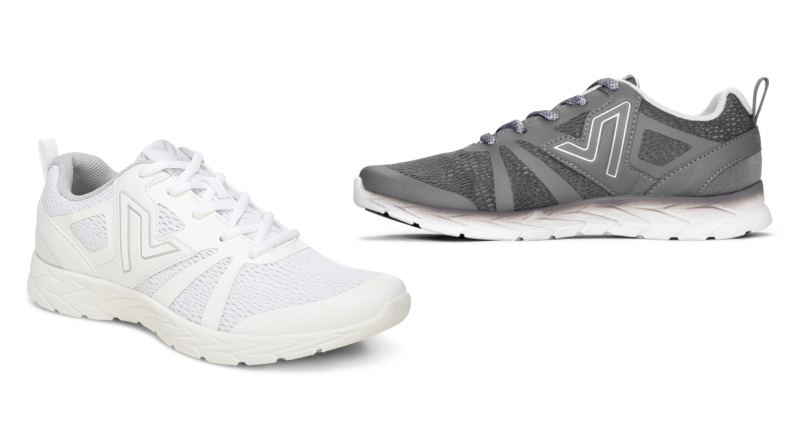 On left, white sneaker in front of white background. On right gray sneaker in front of white background.