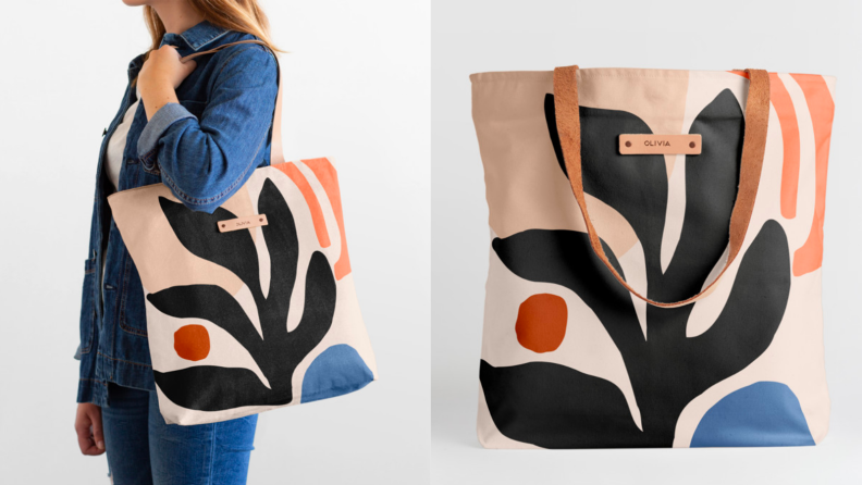 An image of a woman holding an abstract floral printed tote bag alongside an image of that bag standing upright on its own.