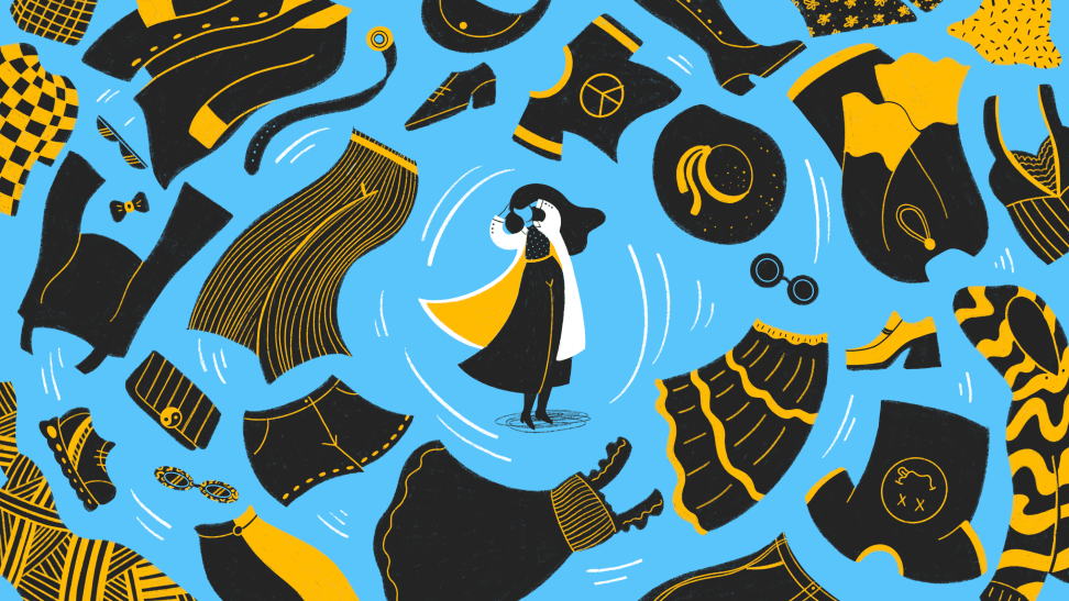 Illustration of a woman surrounded by a vortex of clothes.