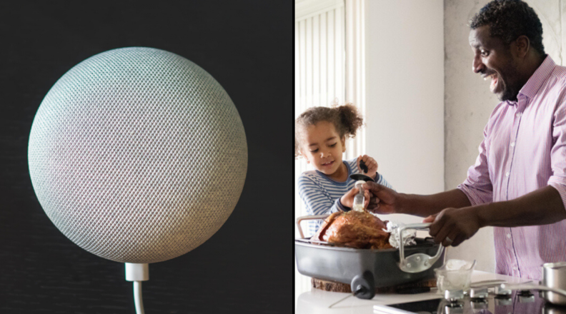 Google Home Mini Speaker and man cooking with young girl in kitchen