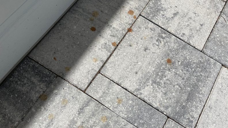 Brown spots from a liquid fertilizer appear on a white and gray paver driveway