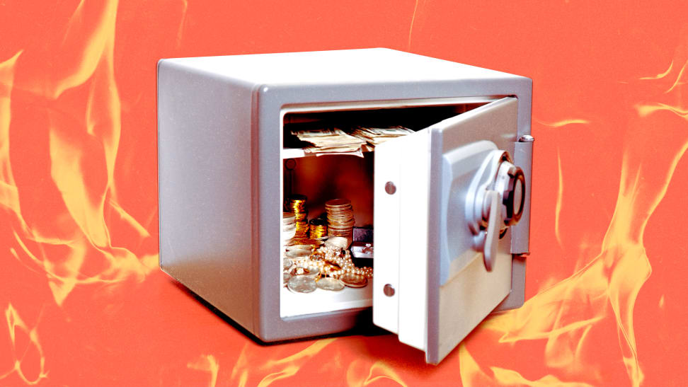 An open safe with money in it sits on a fiery orange illustrated background