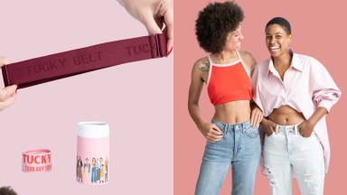 A photo collage of a person holding a Tucky belt above an opened cylinder package and two smiling models standing side by side while wearing two Tucky belts.