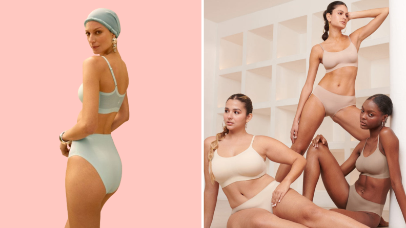 A model wearing a pale green matching underwear set, and on the right models wearing nude-toned underwear sets.