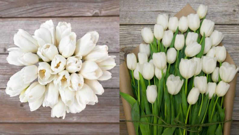 On left, white tulips in jar. On right, white tulips in brown wrapping paper.