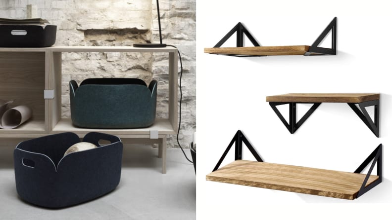 In a mudroom, baskets and floating shelves serve many purposes both aesthetic and pleasing.