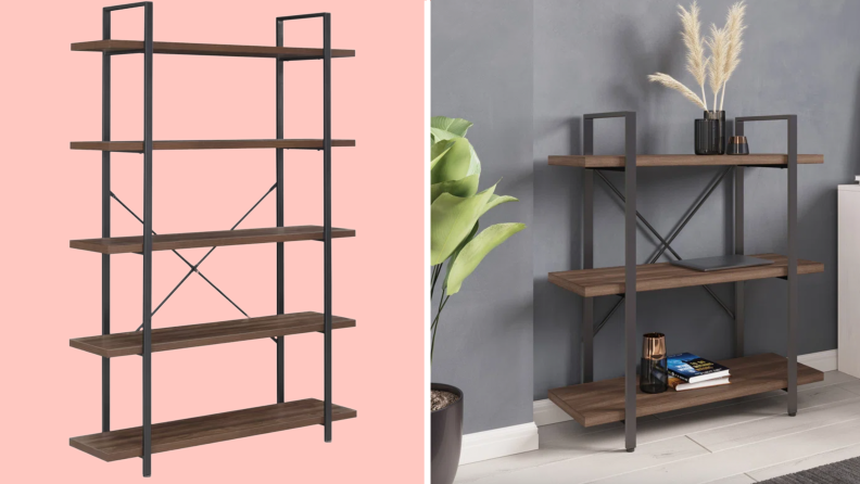 Product shots of the  Gracie Oaks Etagere Bookcase in home and by itself.