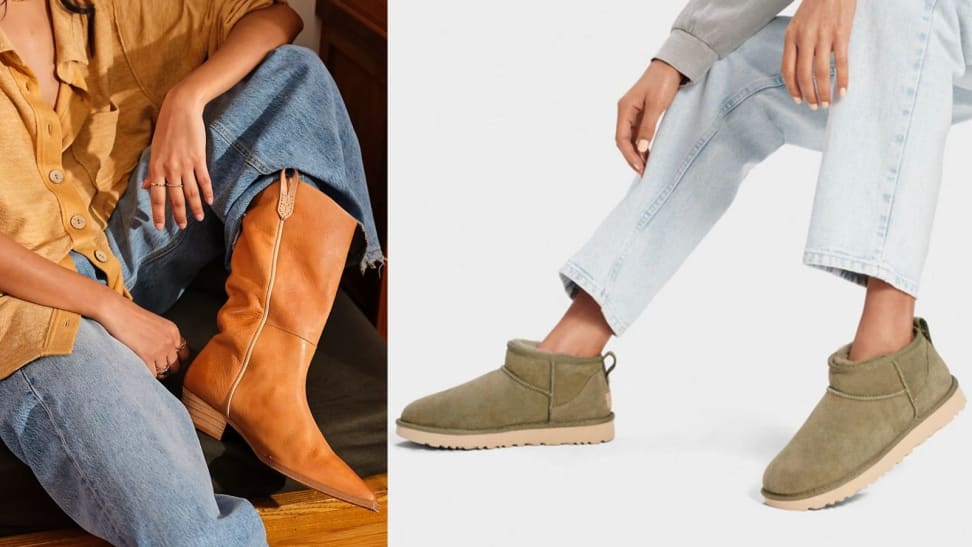 Left: Relaxed chestnut cowboy boot; Right: Ultra mini olive green Uggs