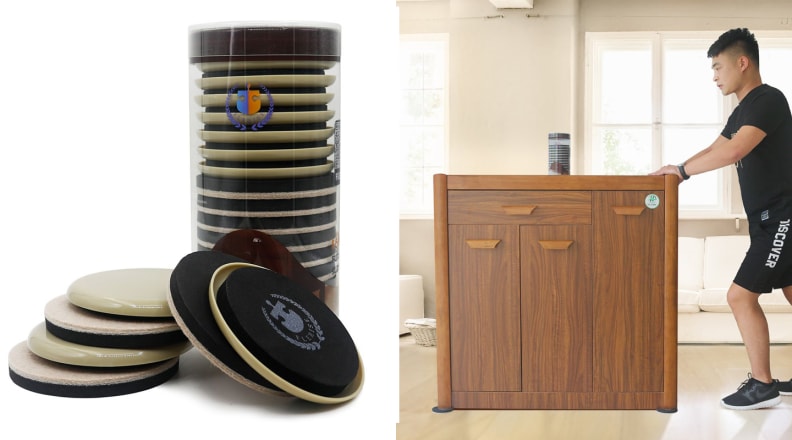 Person sliding furniture using furniture-moving coasters