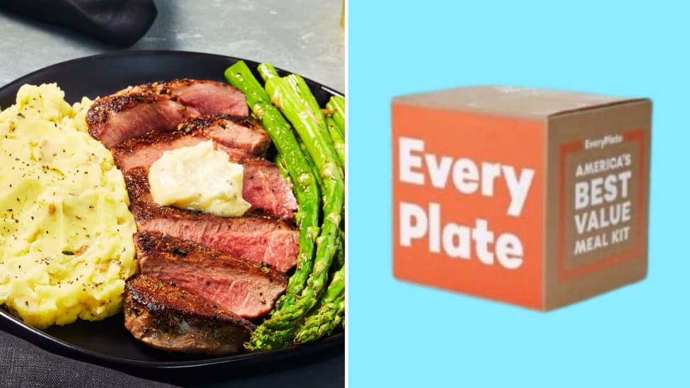 A steak dinner next to a box of EveryPlate meal kits in front of a colored background.