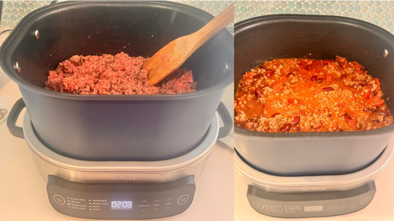Raw ground beef being cooked inside of the Ninja Foodi PossibleCooker's 6-quart pot, next to a prepared chili dish.