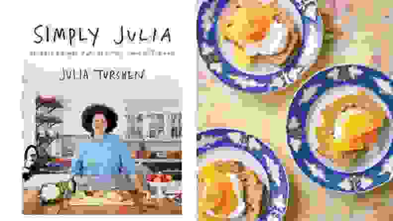 Left: A photo of the cookbook, Simply Julia. Right: Overhead photo of three white and blue bowls filled with orange and Greek yogurt cake.