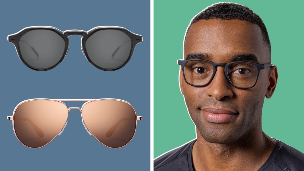 On left, product shots of persol and aviator sunglasses from Roka. On right, model smiling while wearing eyeglasses.