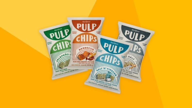 Four bags of Pulp Pantry chips against a yellow background.