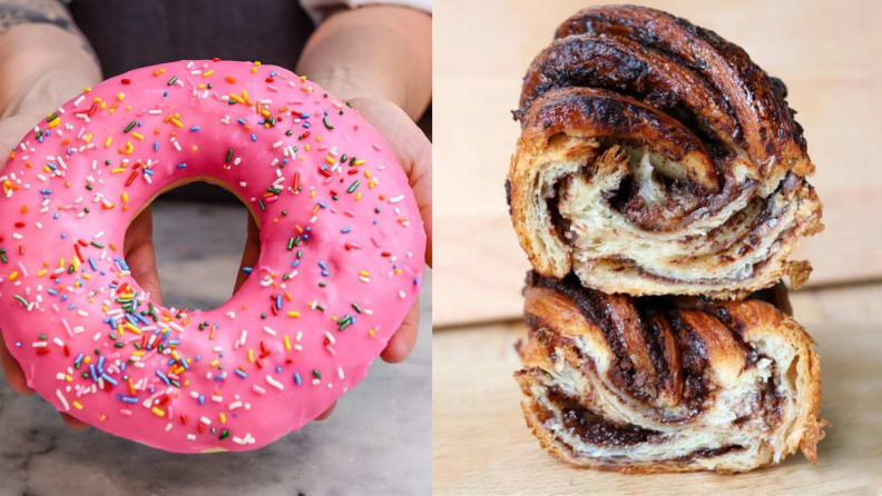 Left: A massive donut with pink frosting and sprinkles. Right: Two thick, homemade cinnamon rolls.