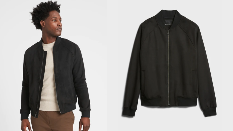 man modeling bomber jacket