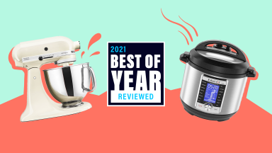 A KitchenAid stand mixer and Instant Pot on a teal and red background with the text, "2021 Best of Year Reviewed"