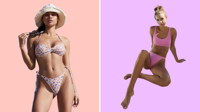 A model wearing a printed bikini, and another model wearing a pink bikini.