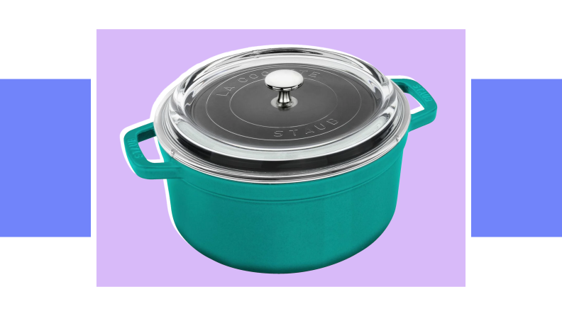 An image of a teal Staub glass-lidded cocotte.