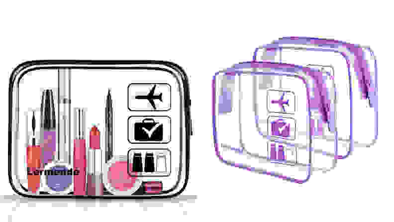 On the left: A transparent cosmetic bag from Lermende sits with beauty products inside of it. On the right: Two transparent bags from Lermende are sitting side by side empty.