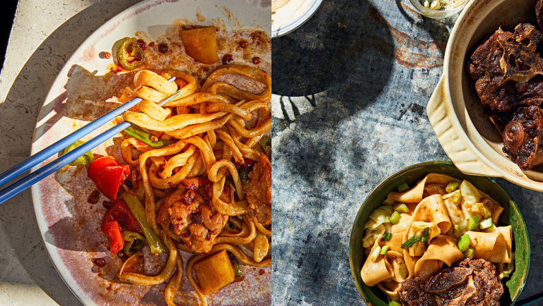 On the left is a plate of chicken noodles and on the right, there's a plate of thick noodles with beef next to a pot of braised beef.