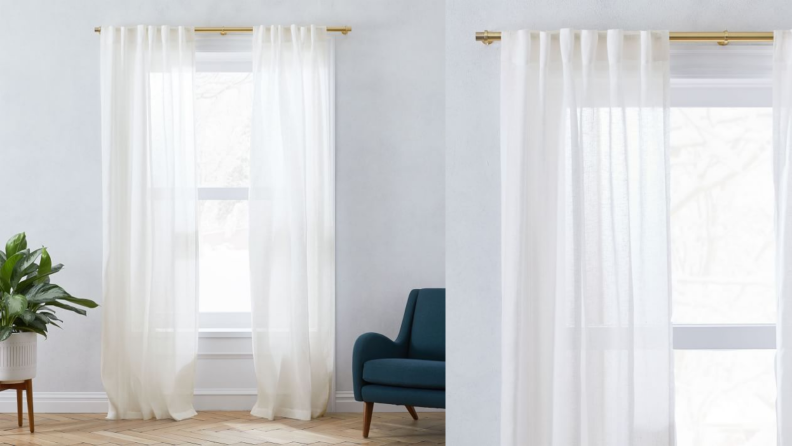 A split shot of white curtains from West Elm, one of the best places to buy curtains online.
