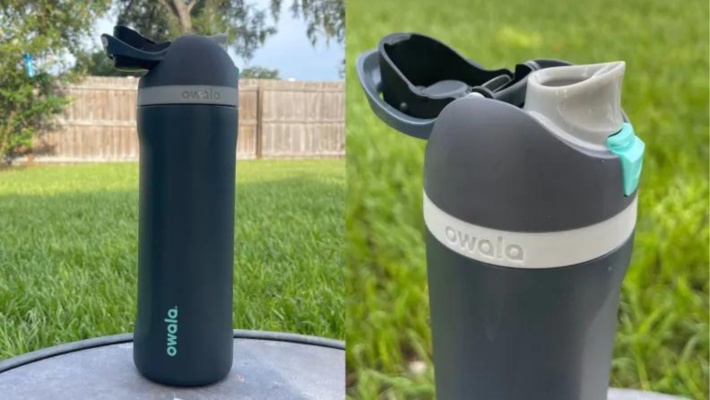 An owala water bottle sits on a table outside next to a close up image of the bottle top