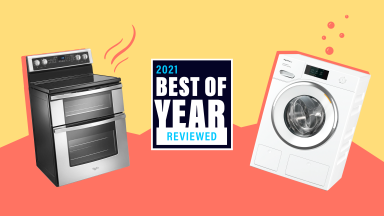 A Whirlpool range and Miele compact washer sit on a yellow and orange background with the text, "2021 Best of Year Reviewed"