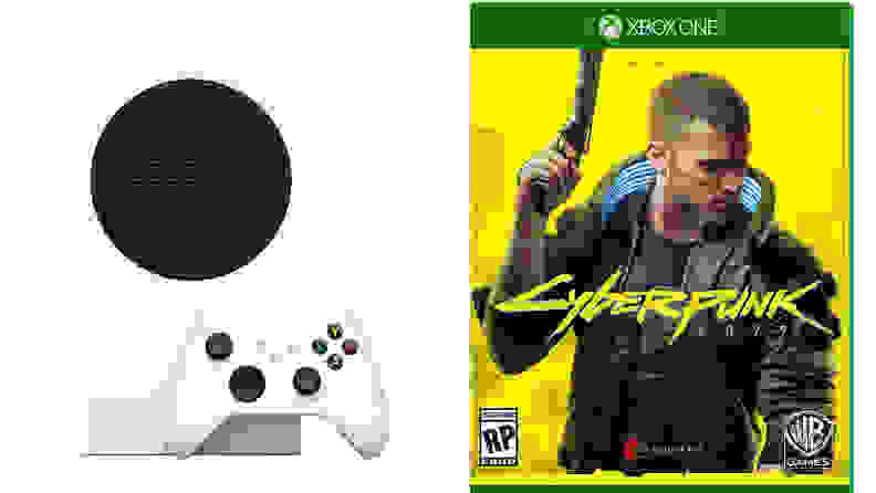A split image of an Xbox Series S and Cyberpunk 2077 for Xbox, both of which you can get on the QVC website.