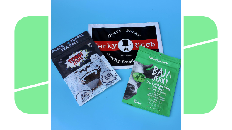 Two bags of jerky from a Jerky Snob subscription on a blue and green background.