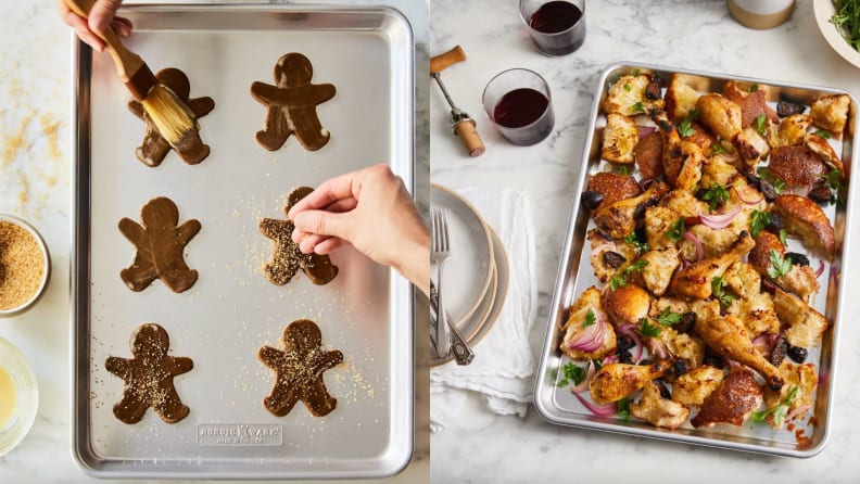 On left, gingerbread men cookies on a baking sheet. On right, chicken and veggies on the same baking sheet