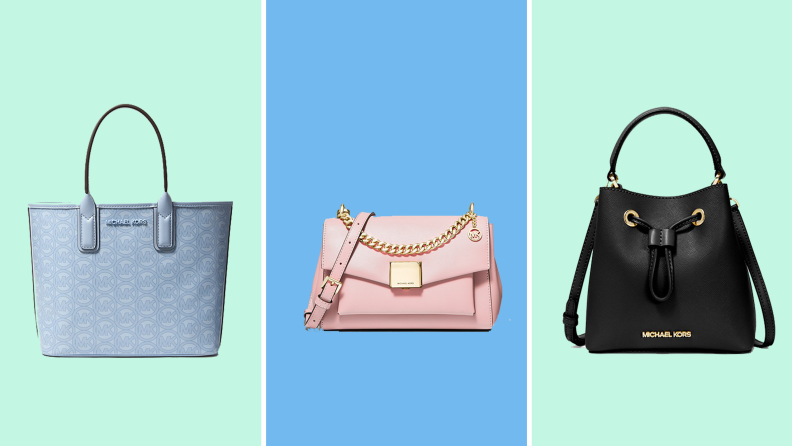 A blue purse on the left against a light green background. A pink clutch in the middle against a blue background. A black backpack on the right against a light green background.