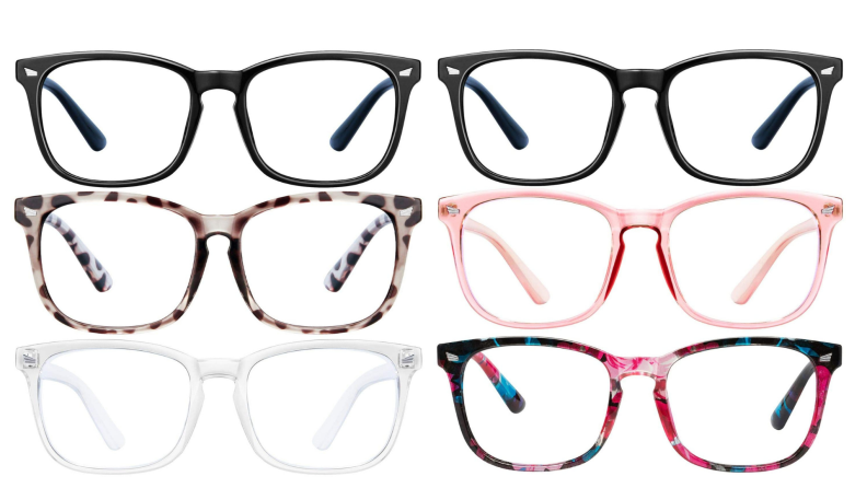 On left, row of vertically-stacked black, tortoise and clear blue light blocking glasses. On right, row of vertically-stacked black, pink and floral blue light blocking glasses.