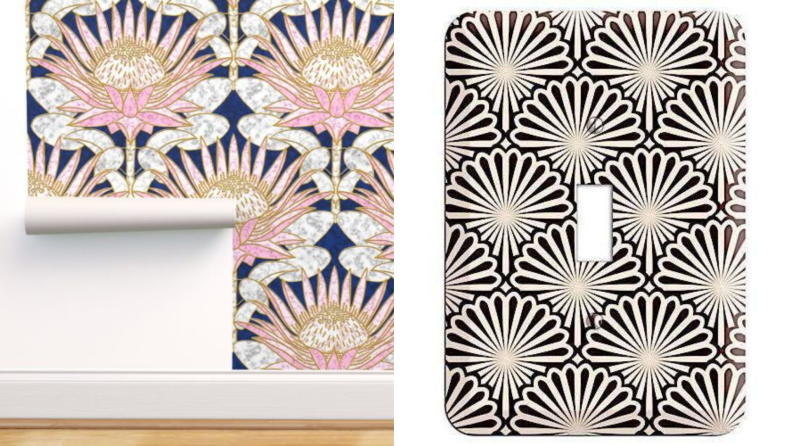 (left) Spoonflower floral wallpaper rolled on a wall. (right) A decorative black-and-white wallplate.