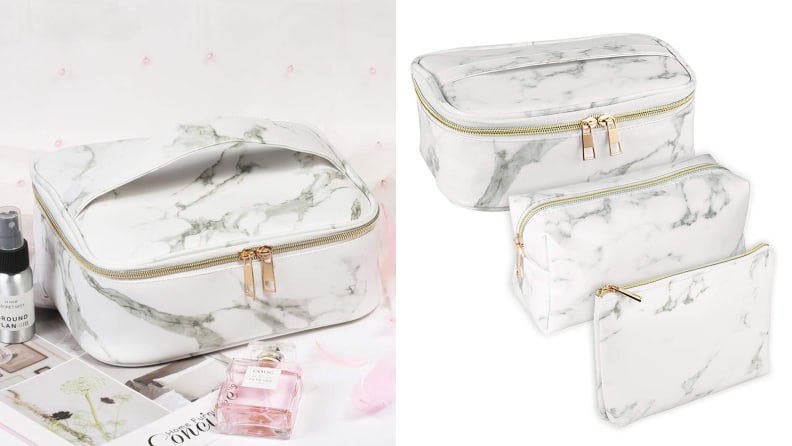 On the left: A gray and white marble printed cosmetic bag from Subang sitting on a table with a bottle of perfume in front of it. On the right: Three marble printed bags of different size stacked in front of each other.