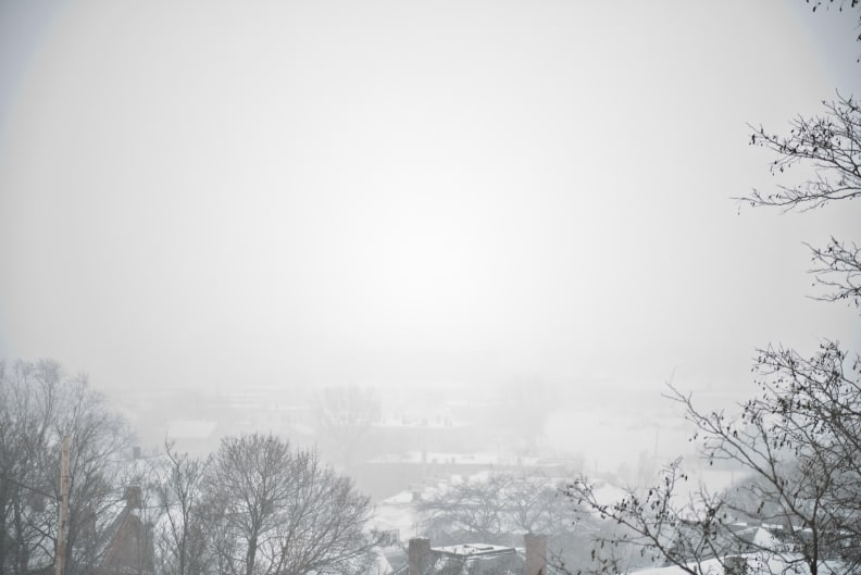 A photo of the Boston skyline taken during winter storm Juno.