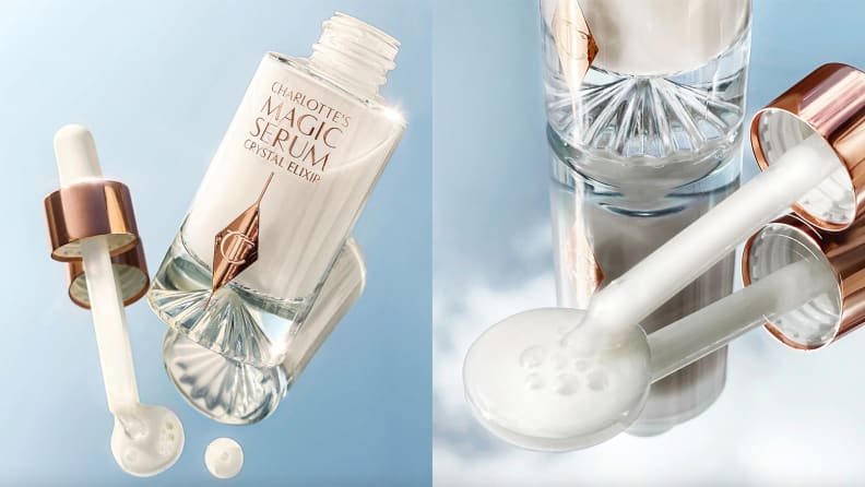 On the left: A white bottle of serum and its dropper are side by side on a blue background. On the right: A closeup on the dropper and a pool of white serum underneath it.