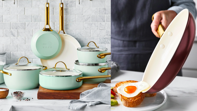 Two images of colorful ceramic pans in a kitchen.