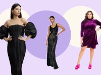 Three models wearing formal dresses: One is a black dress with large off-the-shoulder sleeves, one is a lace black gown, and the last is a purple velvet knee-length dress with long sleeves.