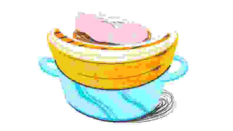 An illustration of a steamer basket topped with fish on a plate sits uncovered on a pot of steaming water on the stove.