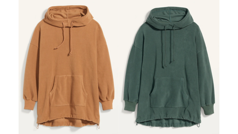 Two images of an oversized hoodie in mustard yellow and green.