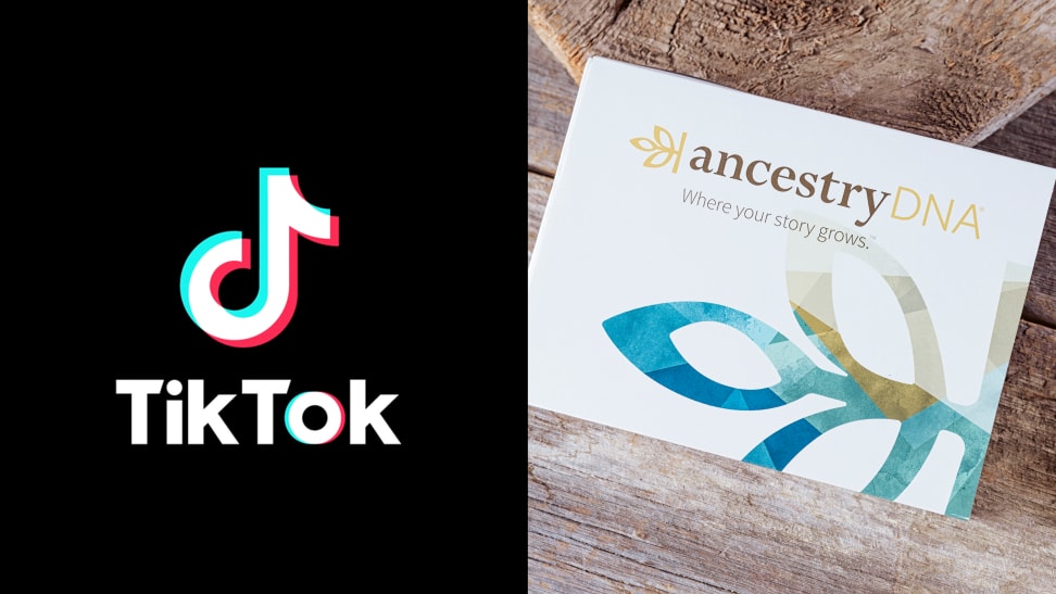 Left: TikTok logo on black background, Right: Ancestry DNA kit on wood table