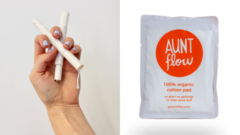(1) A hand holds a tampon and applicator. (2) An Aunt Flow menstrual pad package against a white background.
