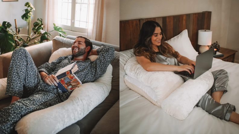On left, person holding book while reclining with body pillow. On right, person working on laptop in bed while using body pillow.