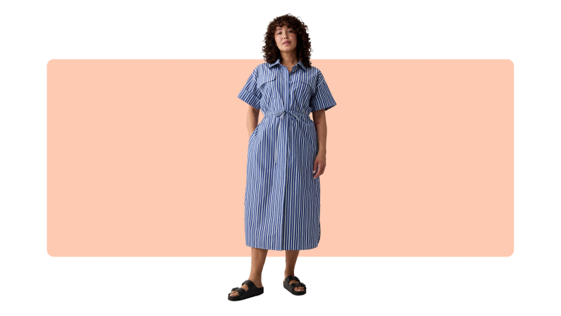 A blue striped shirtdress.