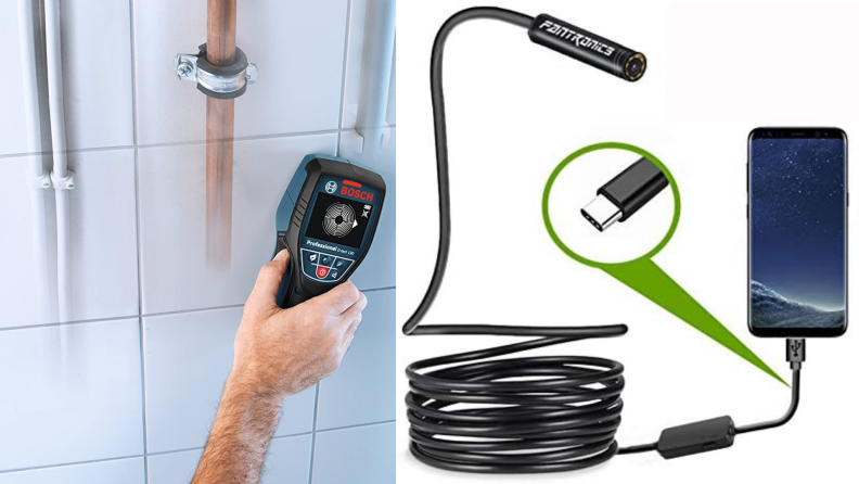 On left, handing holding Bosch wall and floor detection scanner against wall and different kinds of pipes appearing. On right, product shot of the snake inspection camera.