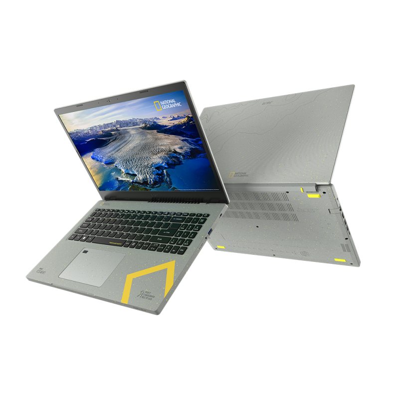 A front and back view of a light gray laptop