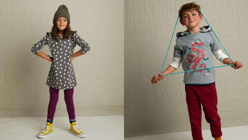 On the left: A girls stands with her hands on her hips and smiles to the camera. On the right: A boy has a jumprope on his head.